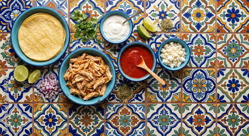 Top down view of Enchilada ingredients on Puebla Talavera tiles, bottom right copy space