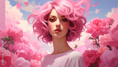 A portrait of a woman with vibrant pink hair and flowers against a backdrop of clouds and a bright blue sky