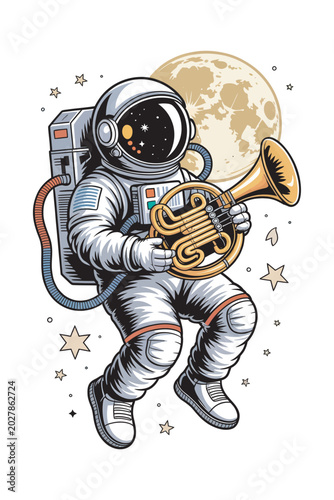 Astronaut playing a french horn in space with a full moon and stars vector illustration.