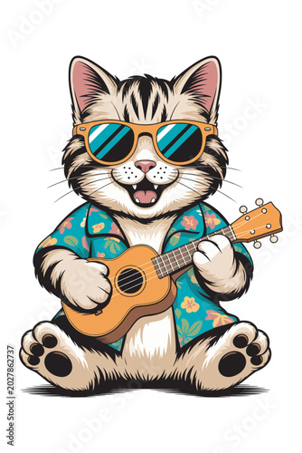 Cartoon cat playing a ukulele wearing sunglasses and hawaiian shirt colorful vector illustration on white background.