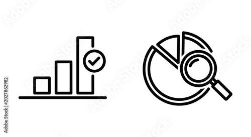 Icons depicting poll results bar chart and poll metrics pie chart with magnifying glass magnifying statistics analysis feedback research business marketing strategy performance