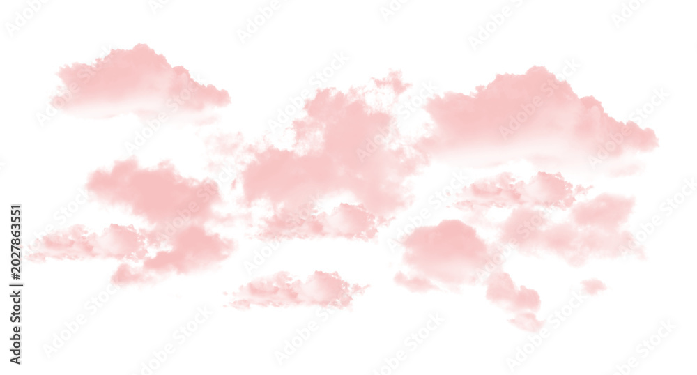 Fototapeta premium Soft pink clouds floating gently across a serene white sky with puffy formations isolated on transparent background