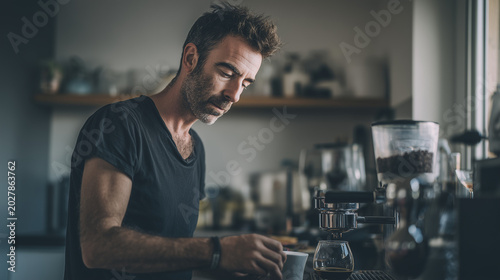 Man brews coffee with focused expression. Dusty kitchen, soft light, calm atmosphere. Steam rises from glass carafe. Professional, quiet, intimate moment. Ideal for cafe, lifestyle