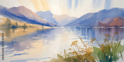 Fotografia Peaceful Nature Landscape Painting with Reflective Lake, Soft Mountain Horizon,