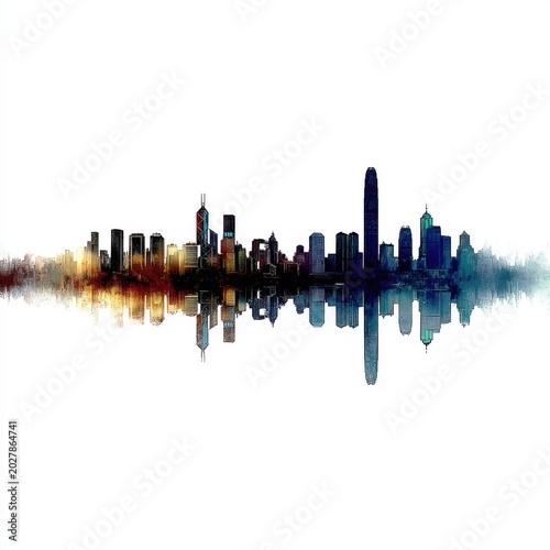 Abstract Cityscape Reflection: A stylized watercolor painting depicts a vibrant city skyline with skyscrapers reflected in a calm body of water, creating a mirrored artistic effect.