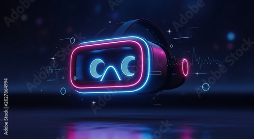 Headset displays a glowing neon interface for modern virtual reality.