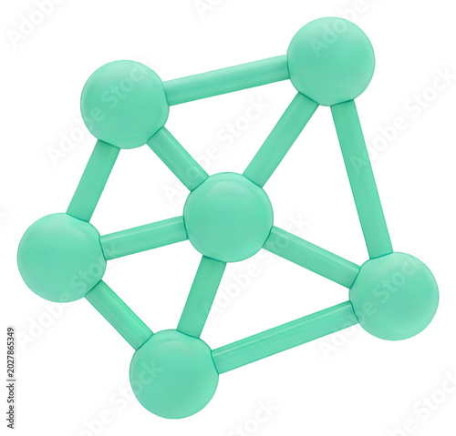 A mint green, 3D rendered, interconnected sphere structure isolated on black