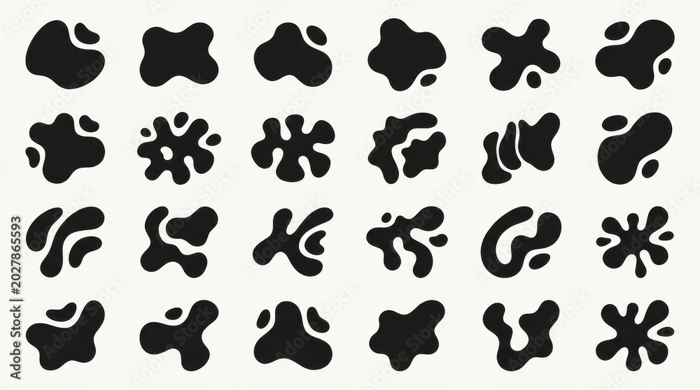 Fototapeta premium Abstract Collection of Organic Black Blob Shapes and Splatters on a White Background.