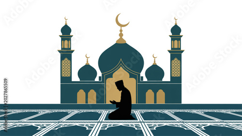 Quadro su tela Islamic mosque dome with minaret and crescent moon at sunset Vector