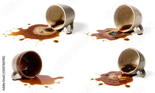 Set of four different ceramic cups tipped over with spilled coffee forming puddles and splashes, morning accident concept, isolated on a transparent background, 3D illustration.