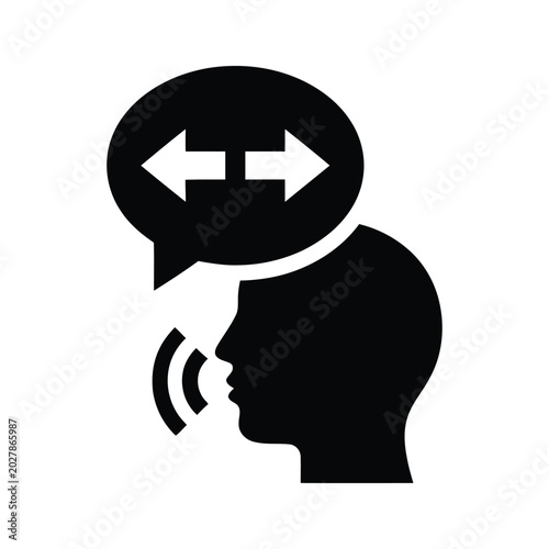 Human head profile with speech bubble and forward arrows vector flat illustration