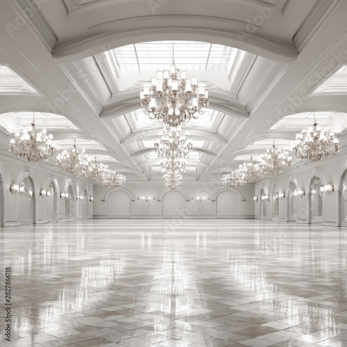 Grand Ballroom Elegance: An opulent and expansive grand ballroom awaits, featuring gleaming marble floors, ornate chandeliers, and architectural arches.