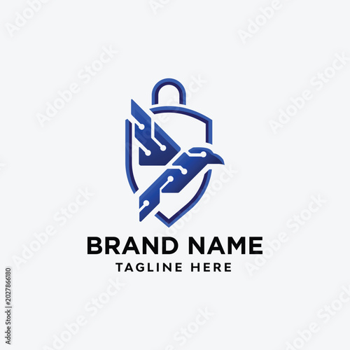 Cyber security eagle shield and padlock technology logo vector