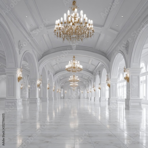 Grand Ballroom Hallway: An expansive and elegant ballroom hallway, bathed in bright natural light, showcases ornate architectural details, arched walkways, and shimmering chandeliers.