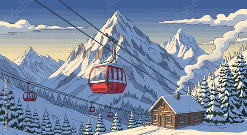 Quadro em tela Gondola lift moving over snow capped mountains and winter cabin