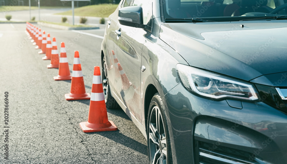 Fototapeta premium Car Driving Through Traffic Cones On Road During Safety Control Setup