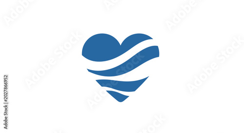 Minimalist blue heart icon with flowing water wave lines