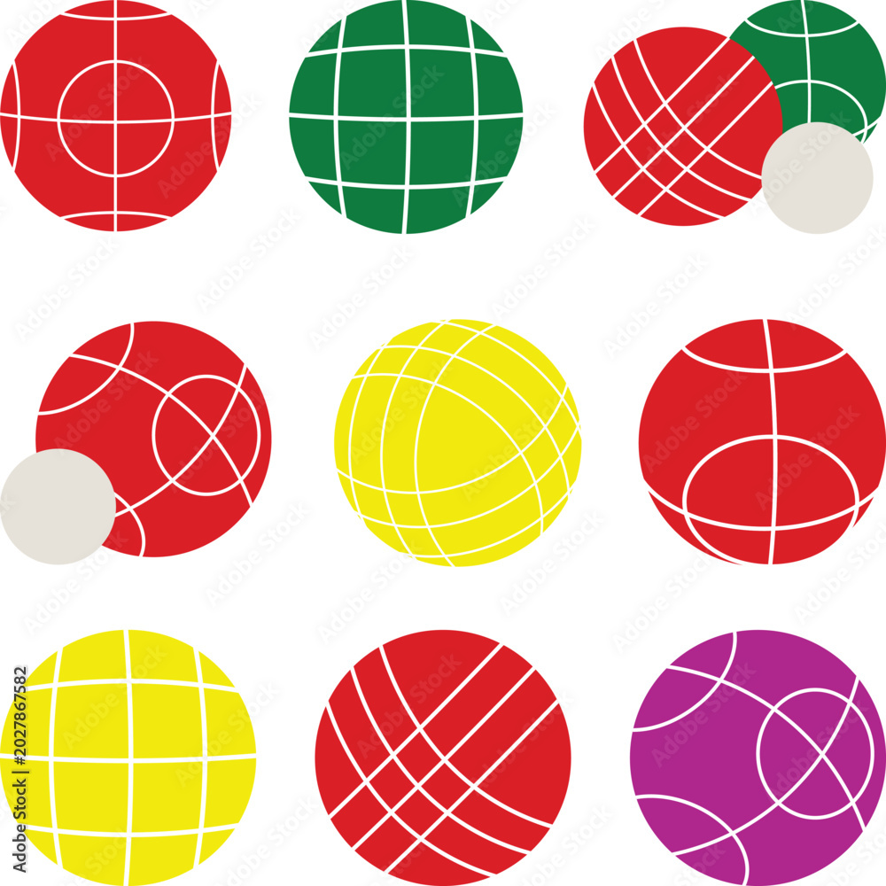 Obraz premium Set of Bocce Ball Logos and Icons, Bocce Ball Sports Elements Collection, Bocce Ball Game Set design vector flat modern isolated illustration