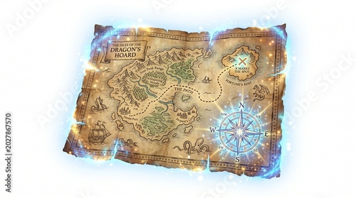 Ancient Glowing Fantasy Treasure Map with Mystical Islands and a Marked 'X' for Adventure and Discovery