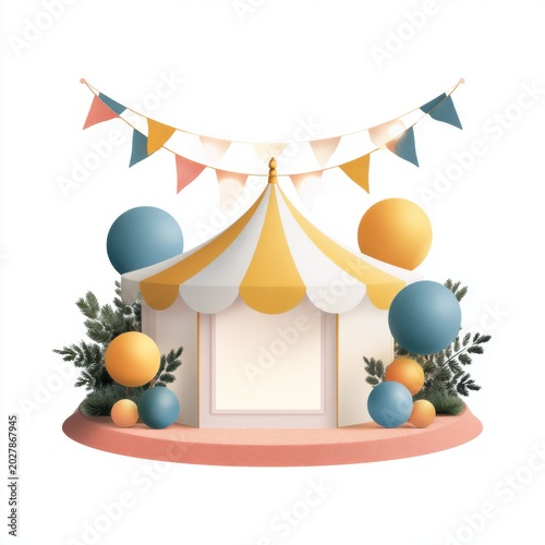 Carnival Tent Celebration: A whimsical carnival tent adorned with festive bunting and colorful balloons, set against a backdrop of greenery, invites to a celebration of fun and joy.