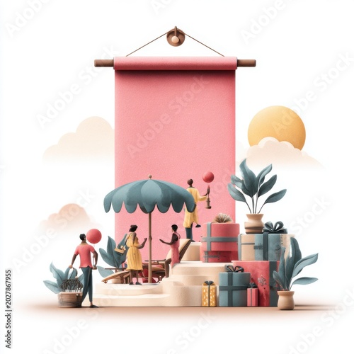 Festival Celebration Scene: A vibrant and whimsical scene depicts a lively festival with people gathered around gifts, enjoying a sunny day under a canopy, evoking joy and festivity.