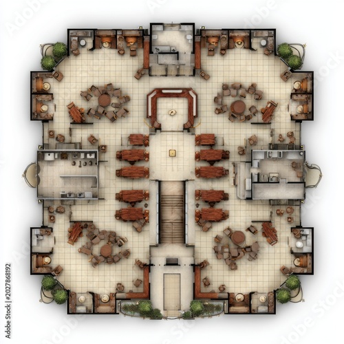 Grand Hall Blueprint: An intricate architectural blueprint depicts a spacious and ornate grand hall, showcasing detailed layouts for seating, chambers, and decorative elements.