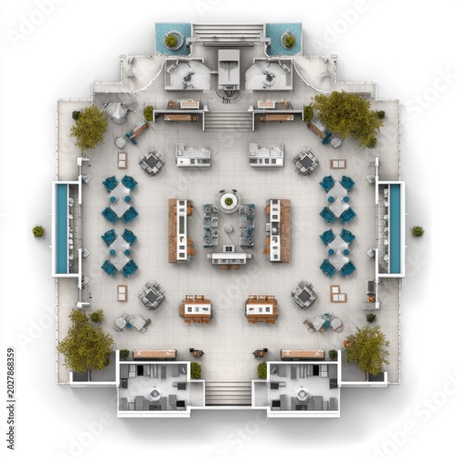 Luxury Courtyard Design: An aerial view showcases an elegant courtyard layout featuring outdoor seating areas, water features, and lush greenery.