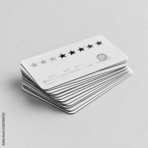 Star Rating Cards: A stack of pristine white cards, each displaying a prominent star rating system, suggesting customer feedback or quality assessment.