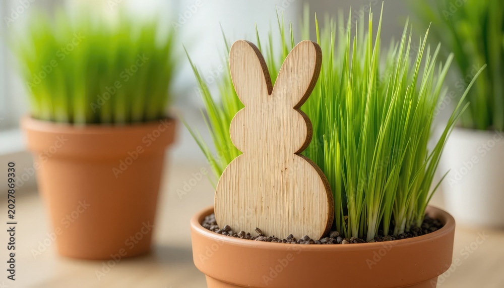 Obraz premium A wooden bunny decoration sitting on top of a potted plant with green grass, with two other potted plants in the background on a table indoors