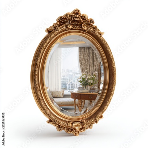 Ornate Gilded Mirror Reflection: An exquisite oval mirror with a richly carved gilded frame reflects a luxurious room interior, showcasing elegant furniture and city views.