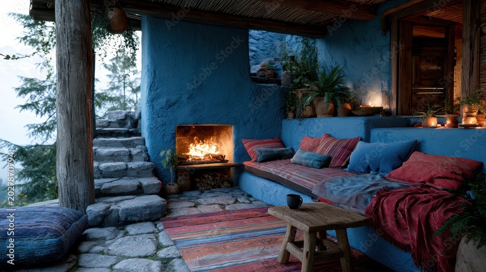 Fototapeta premium Cozy blue outdoor seating area with a fireplace and mountain views