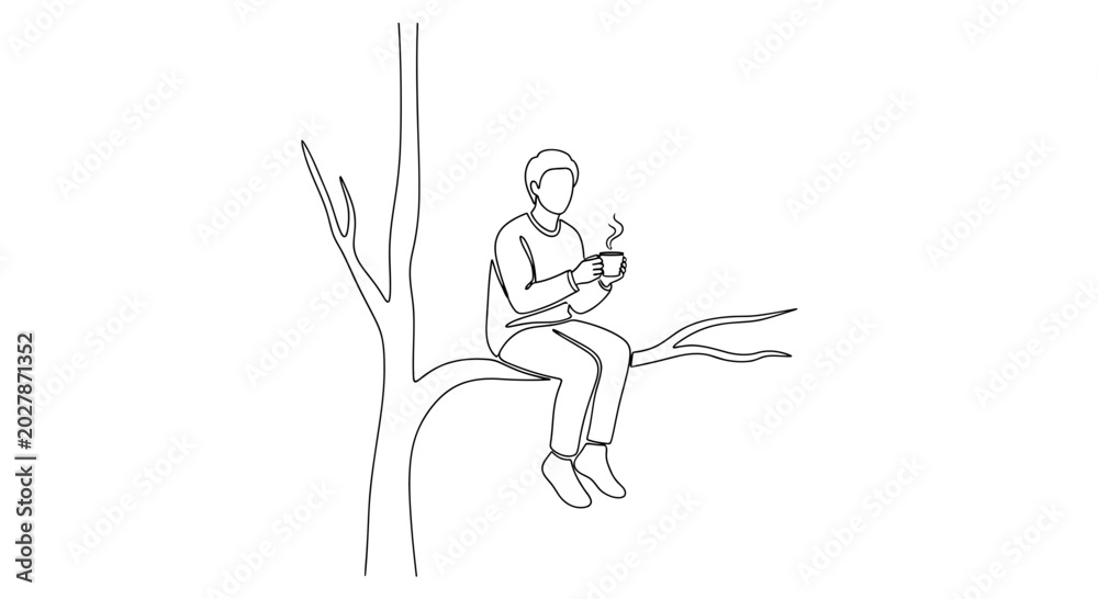 Fototapeta premium Person sitting on tree branch holding mug, minimalist line art, peaceful moment