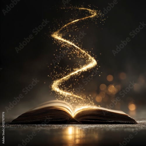 Open book with glowing golden magic sparks rising from the pages, mystical light emanating from an ancient tome on a dark background.