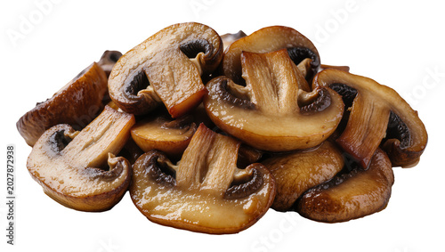 фотографія Pile of sliced brown cremini mushrooms glistening with oil, isolated on transpar