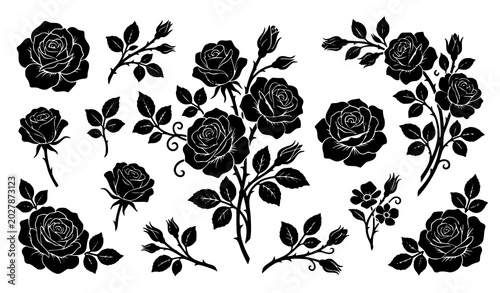 Canvastavla Decorative floral vector composition of black roses bouquet elements and isolate
