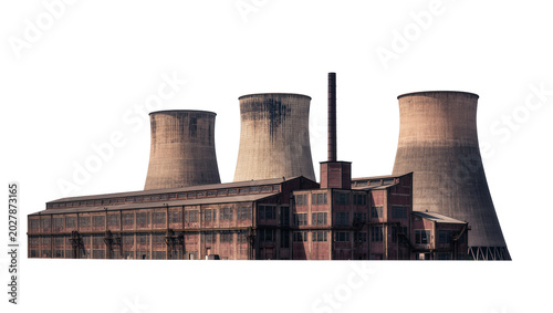 Canvas Print Industrial power plant with cooling towers and chimney, isolated on transparent