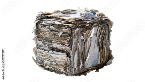 Quadro su tela Tightly compressed stack of old torn and weathered paper sheets, isolated on tra