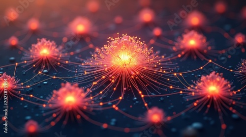 Abstract glowing red virus cells connected by data network lines floating in dark space
