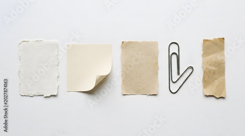 Collection of various textured paper scraps and a metal paperclip on a plain white background