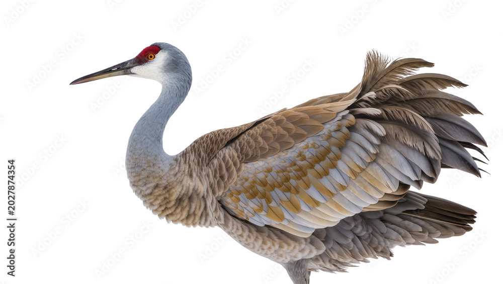Fototapeta premium Sandhill crane with red crown patch detailed feathers, isolated on transparent background
