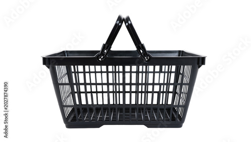 Foto Black plastic shopping basket with handles, isolated on transparent background