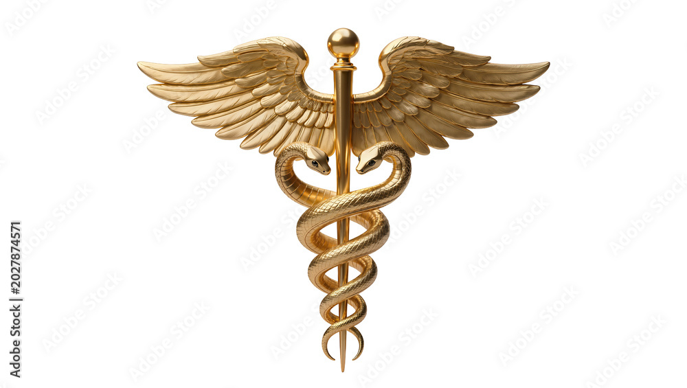 Obraz premium Golden Caduceus symbol with wings and snakes, isolated on transparent background