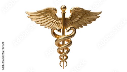 Golden Caduceus symbol with wings and snakes, isolated on transparent background