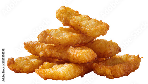 Tableau sur toile Golden crispy fried fish sticks piled high, isolated on transparent background
