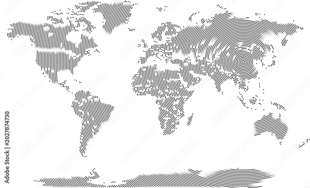 Fototapeta premium Global World Map in Circle round dot Pattern Style view. Digital geometric Vector dot pattern world map Focusing Center Point Is China