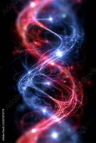 Abstract glowing energy spiral with red and blue light trails, dynamic digital particles swirling against a black background.