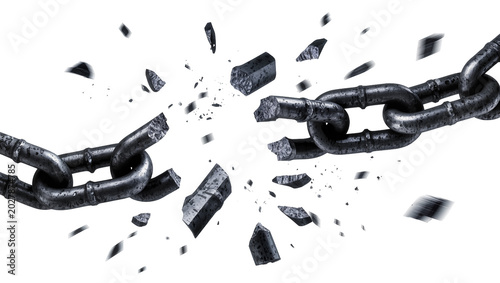 Tableau sur toile Heavy metal chain breaking apart into fragments, isolated on transparent backgro