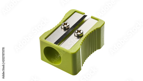 Bild auf Leinwand Green plastic pencil sharpener with metal blade and screws, isolated on transpar