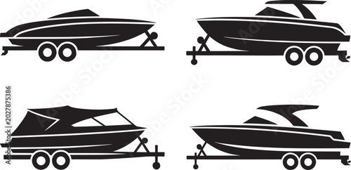 Various sport boats on trailers side view front view with different cabin styles on transparent.