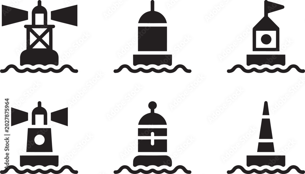 Naklejka premium Nautical navigation maritime buoy icon set featuring various sea markers and floating signal beacons.